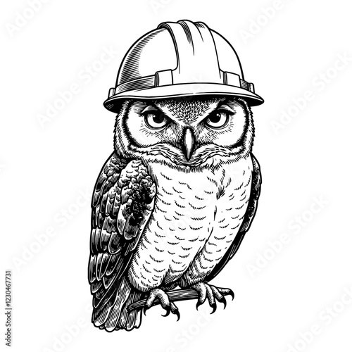 Detailed Owl Wearing Construction Helmet in Black and White Outline Line Art Drawing