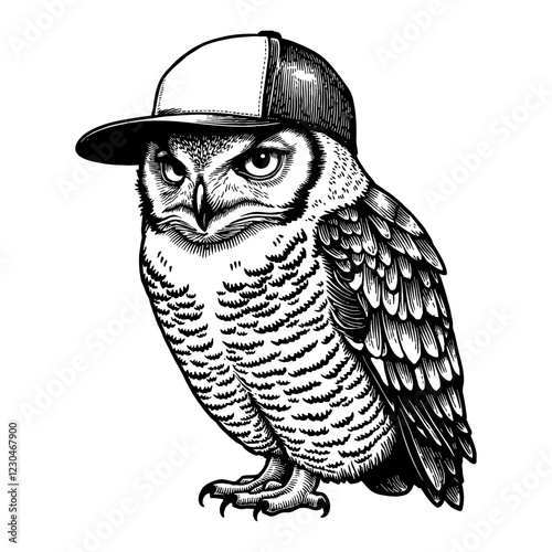 Owl with Snapback Hat Looking Front in Detailed Black and White Outline Line Art Drawing