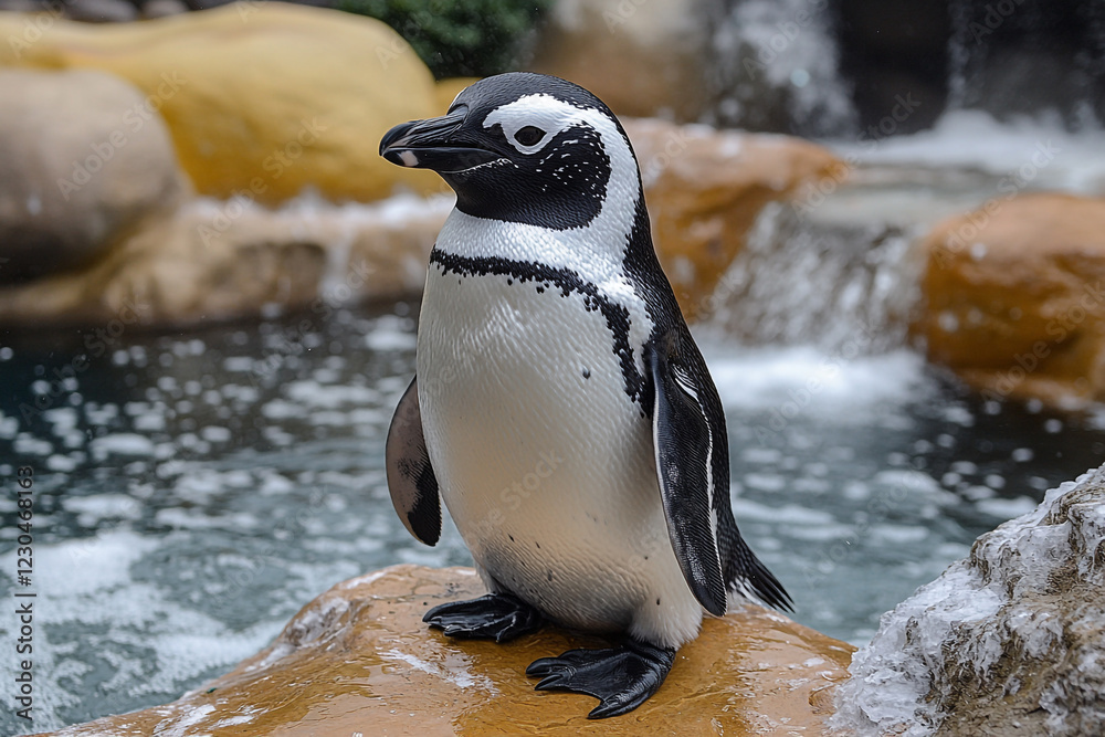Naklejka premium A single African penguin perched on a rock near water
