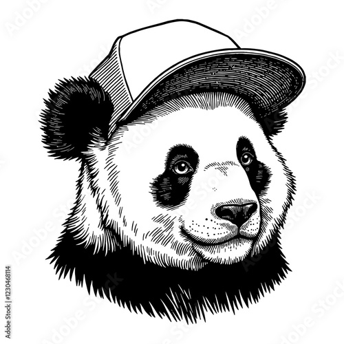 Panda Head Wearing Snapback Hat Detailed Black and White Outline Line Art Drawing