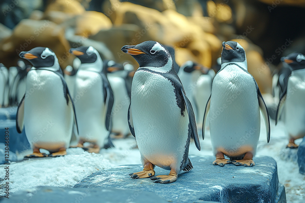 Fototapeta premium A group of gentoo penguins standing on rocks