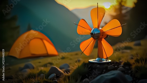 Portable Wind-Powered Fan with Orange Blades in a Scenic Camping Landscape photo