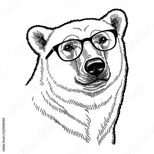Polar Bear Wearing Eyeglasses in Black and White Outline Line Art Drawing with Detailed Hatching