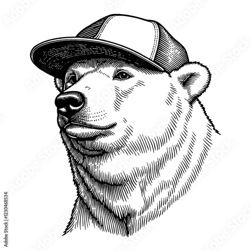 Polar Bear Wearing a Snapback Hat in Detailed Black and White Outline Line Art Drawing