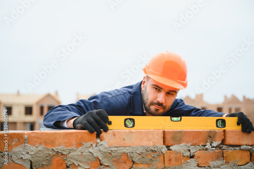 Картината върху платно Bricklayer or builder or worker build or bricklaying or laying a stone or brick