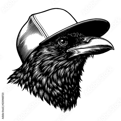Raven Head with Snapback Hat Detailed Black and White Outline Line Art Drawing