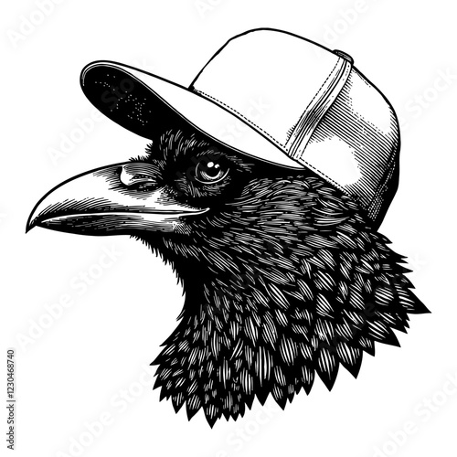 Raven Bird Wearing Snapback Hat Black and White Outline Line Art Drawing Detail Illustration