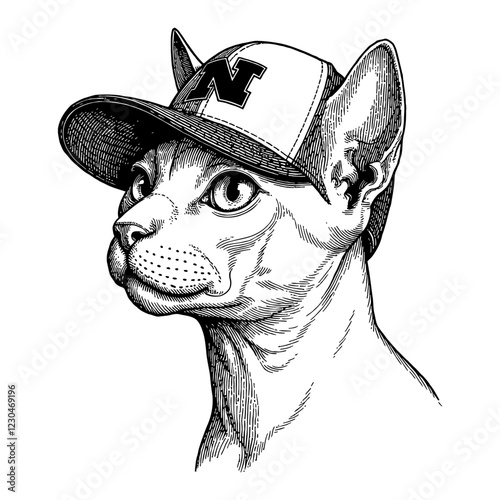 Sphynx Cat Wearing a Snapback Hat with Side View Black and White Outline Line Art Drawing