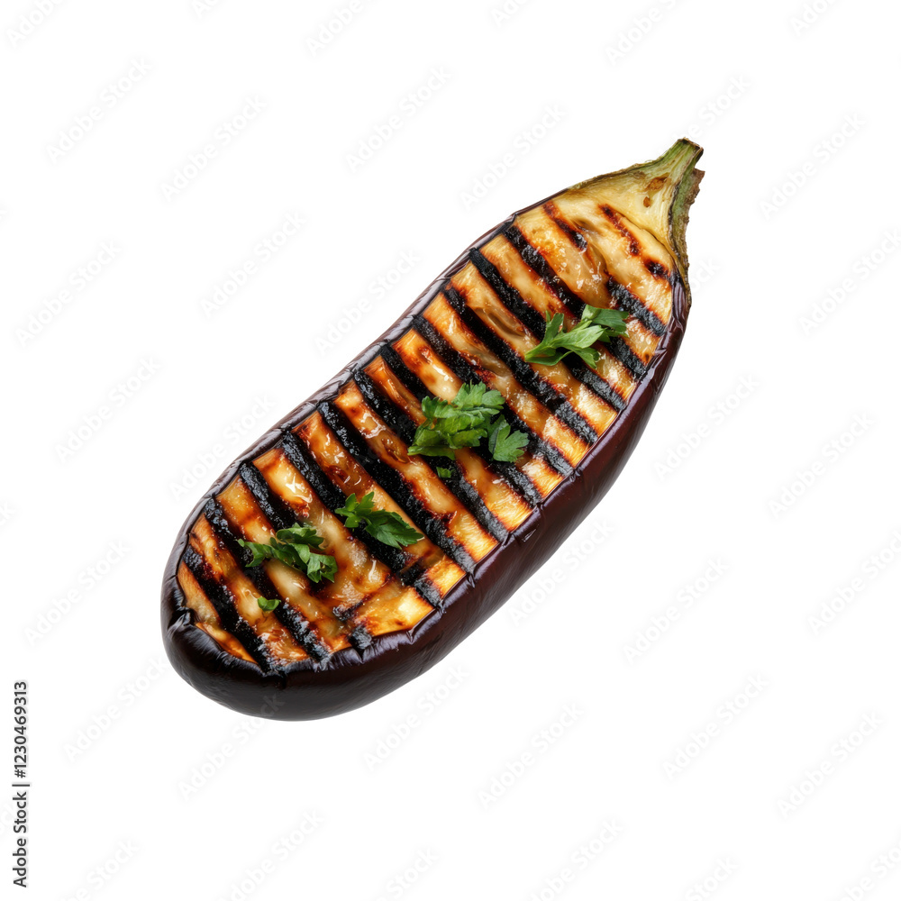 Grilled eggplant with herbs isolated on transparent background Grilled eggplant with herbs isolated on transparent background