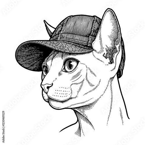 Sphynx Cat Wearing Snapback Hat Detailed Black and White Outline Line Art Drawing