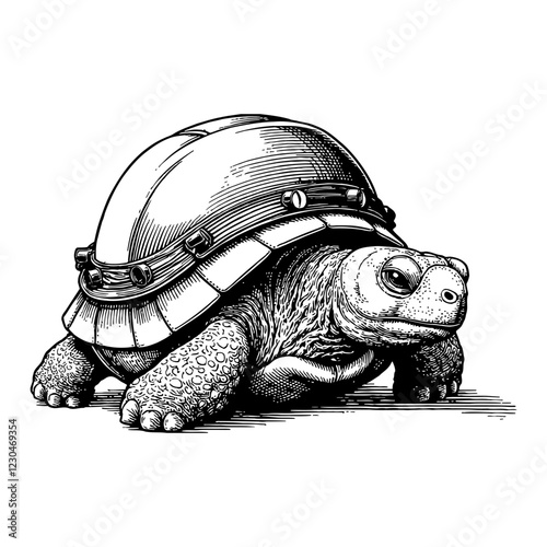 Turtle Wearing Army Helmet Detailed Black and White Outline Line Art Drawing Isolated on White