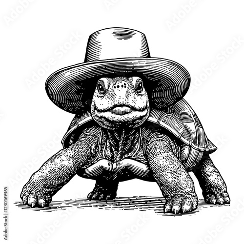 Turtle Wearing Cowboy Hat Detailed Black and White Outline Line Art Drawing Front View Isolated