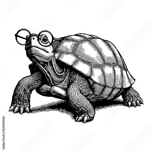 Turtle Wearing Glasses Detailed Black and White Outline Line Art Drawing Viewed from Front