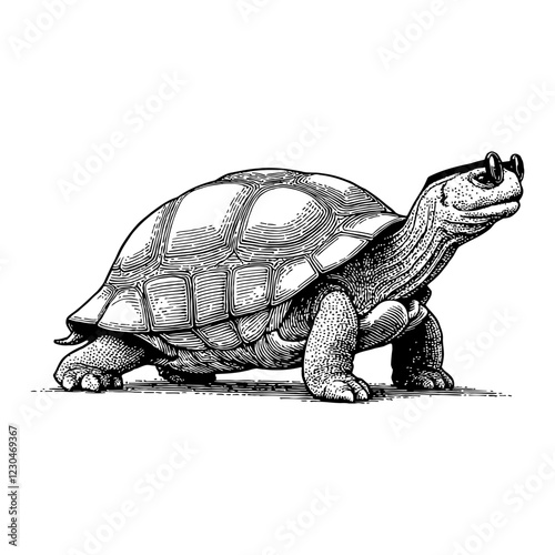 Turtle with Glasses Side View Detailed Black and White Outline Line Art Drawing