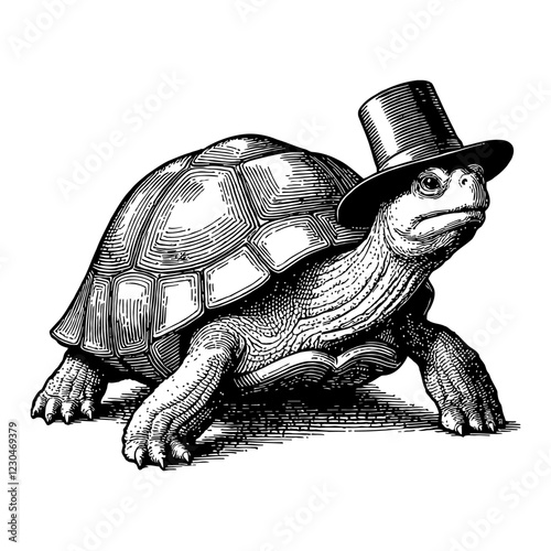 Turtle Wearing Top Hat Detailed Black and White Outline Line Art Drawing Animal Engraving