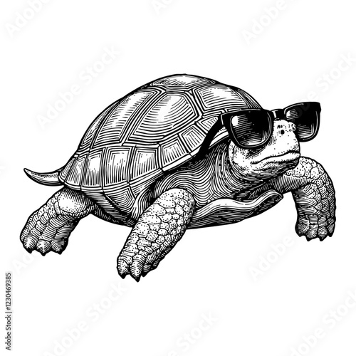 Turtle Wearing Sunglasses Detailed Black and White Outline Line Art Drawing Viewed From Side Angle