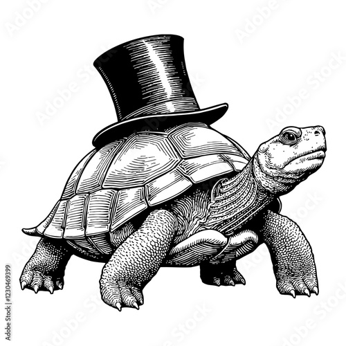 Turtle with Top Hat Detailed Black and White Outline Line Art Drawing Isolated Illustration