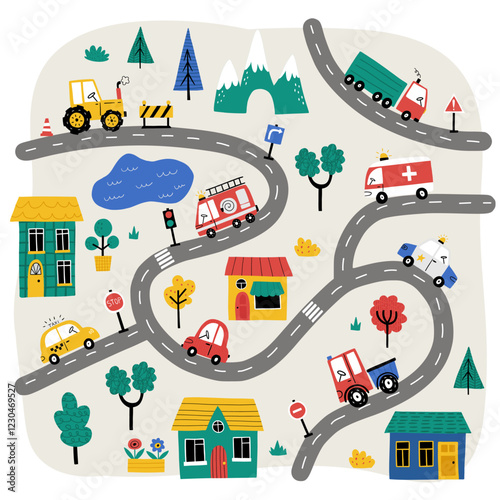 Cute little town map with cars, houses, mountains, roads, trees, fire engine, police car, ambulance, truck. Doodle cityscape for nursery carpet print. Hand-drawn maps for kids room, nursery decor