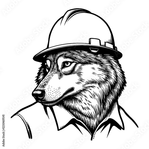 Wolf Wearing Construction Helmet Detailed Black and White Outline Line Art Drawing