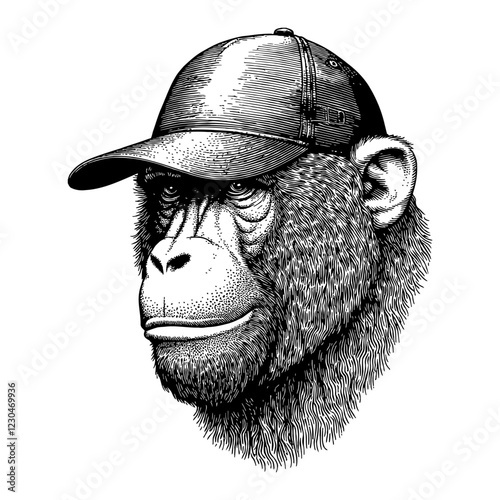 Baboon Wearing Snapback Hat Detailed Black and White Outline Line Art Drawing Isolated on White