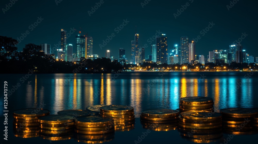 Naklejka premium Double exposure of coins stack with graph chart and night cityscape. Economic, business, financial and stock market growth concept.
