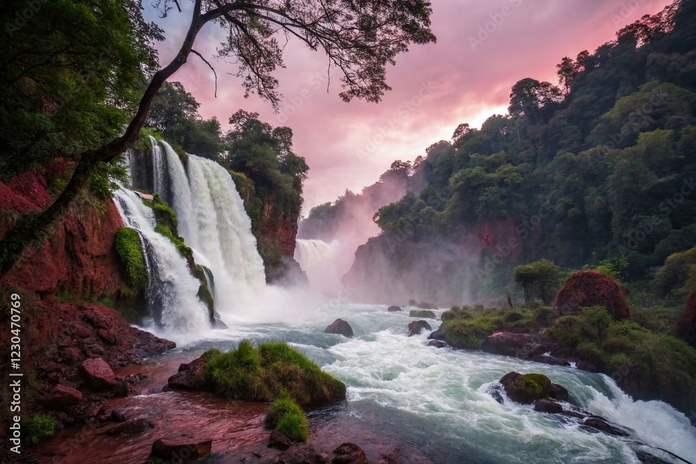 Fototapeta premium Surreal Close-up Waterfall Landscape: Dense Forest, Rapid Flowing Water