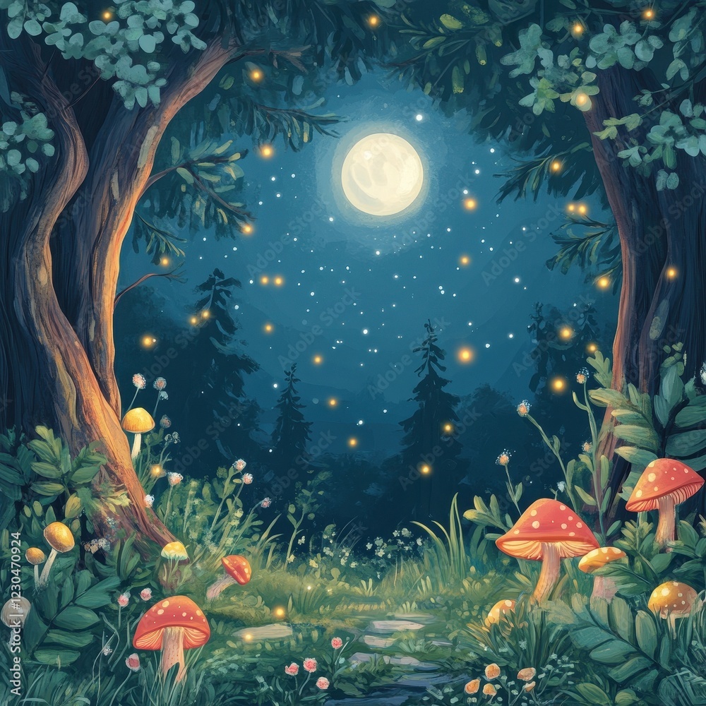 Enchanted Forest Night Scene With Mushrooms And Fireflies Enchanted Forest Night Scene With Mushrooms And Fireflies