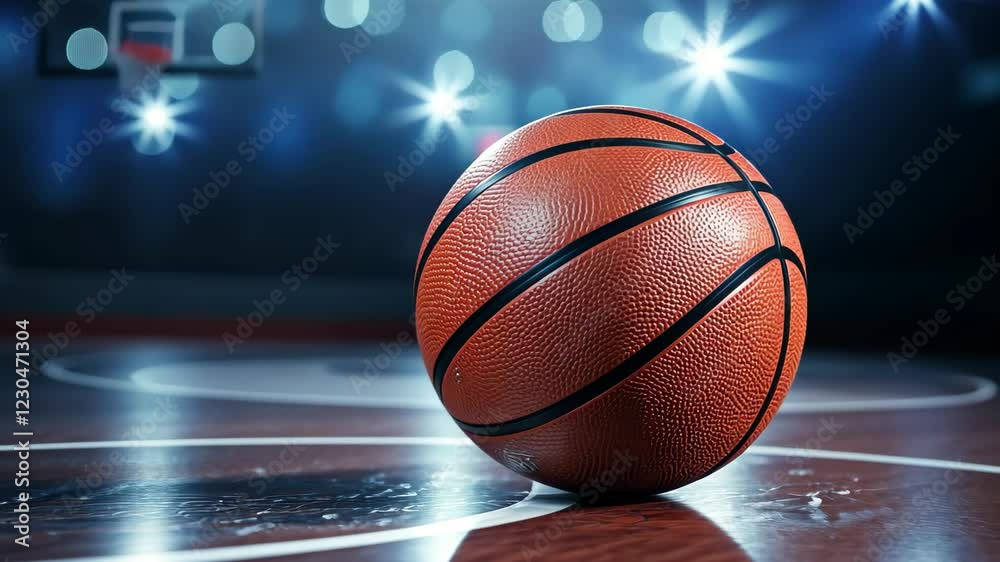 Focused basketball resting on the court in a bustling arena with bright lights in the background, Focused basketball with the echoing arena environment softly blurred behind