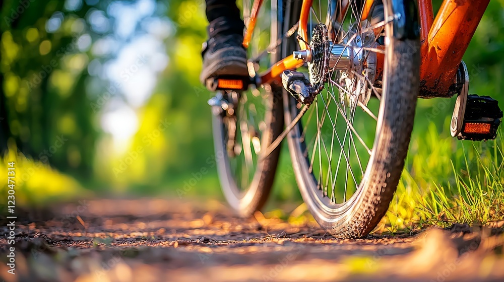 Naklejka premium Close-Up of Bicycle Wheels on a Forest Path During Daylight
