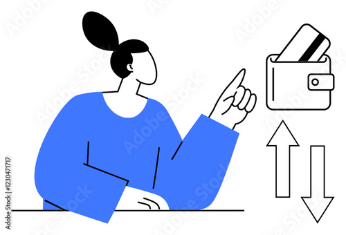 Woman pointing towards wallet with a credit card inserted and directional arrows to convey financial decisions. Ideal for personal finance tips, online banking, digital payments, budgeting, financial