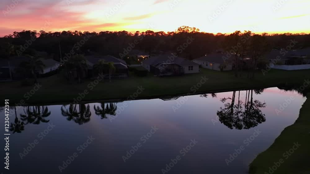 Reflection on tropical palm trees in pond during sunset time. Luxury villas and mansion in Florida. Aerial approaching descend shot. Reflection on tropical palm trees in pond during sunset time. Luxury villas and mansion in Florida. Aerial approaching descend shot.