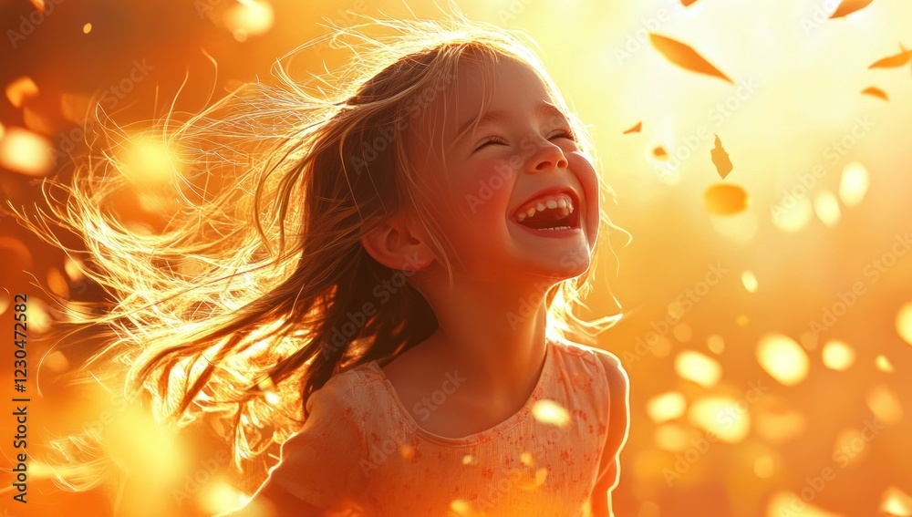 Fototapeta premium Golden Hour Child's Joy: A Moment of Pure Happiness Captured in Sunlight