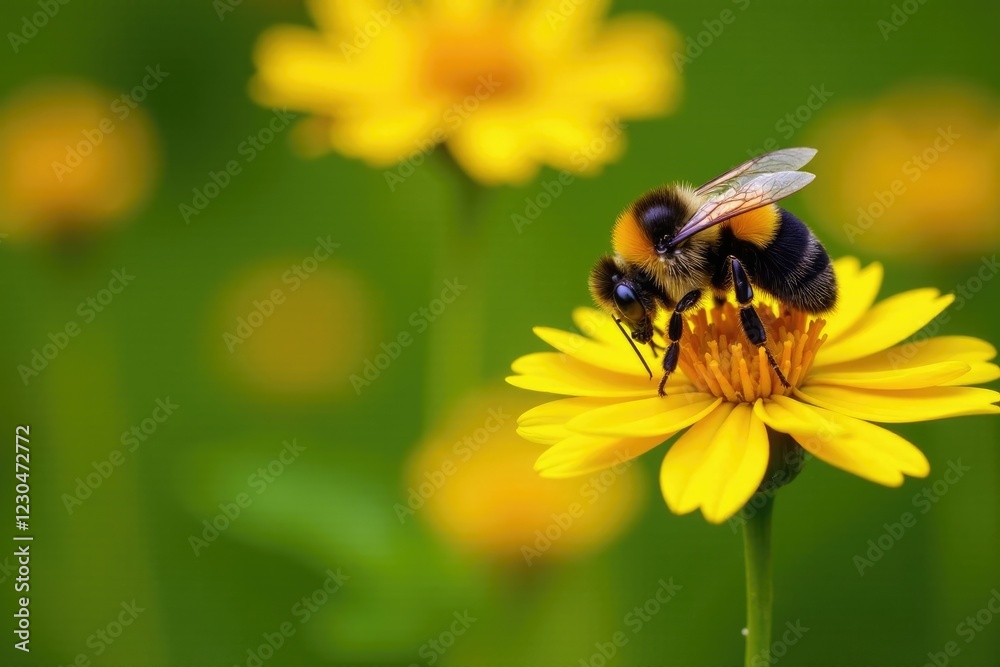 Rusty patched bee collecting nectar from bright yellow flowers in the garden, insects, bumblebee Rusty patched bee collecting nectar from bright yellow flowers in the garden, insects, bumblebee