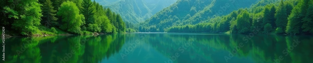 Serene lake with lush green trees reflected in calm waters, reflection, forest, water Serene lake with lush green trees reflected in calm waters, reflection, forest, water