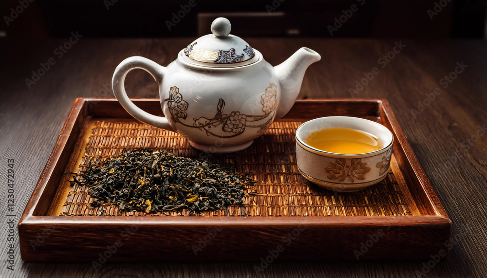 A beautiful arrangement of an ornate teapot, a cup of tea, and loose tea leaves displayed on a wooden tray, capturing the essence of a serene tea ritual A beautiful arrangement of an ornate teapot, a cup of tea, and loose tea leaves displayed on a wooden tray, capturing the essence of a serene tea ritual