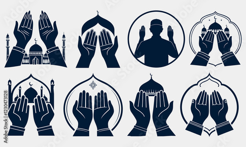 Islamic Prayer Icons Set with Mosques and Hands Raised in Praise