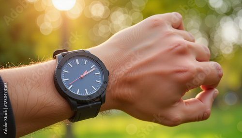 Close-up of wrist showcasing daylight saving watch in natural light, time awareness photo