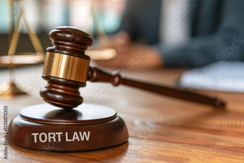 A wooden gavel resting on a desk marked 'Tort Law', symbolizing justice and legal proceedings. Legal Negligence in Tort Law