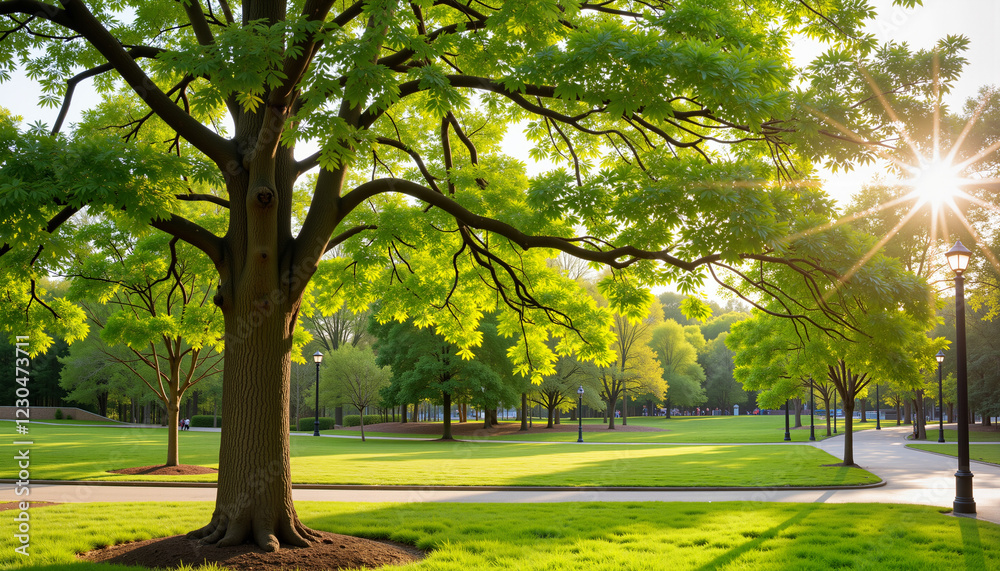 Obraz premium Sycamore tree showcasing budding leaves in city park, spring renewal