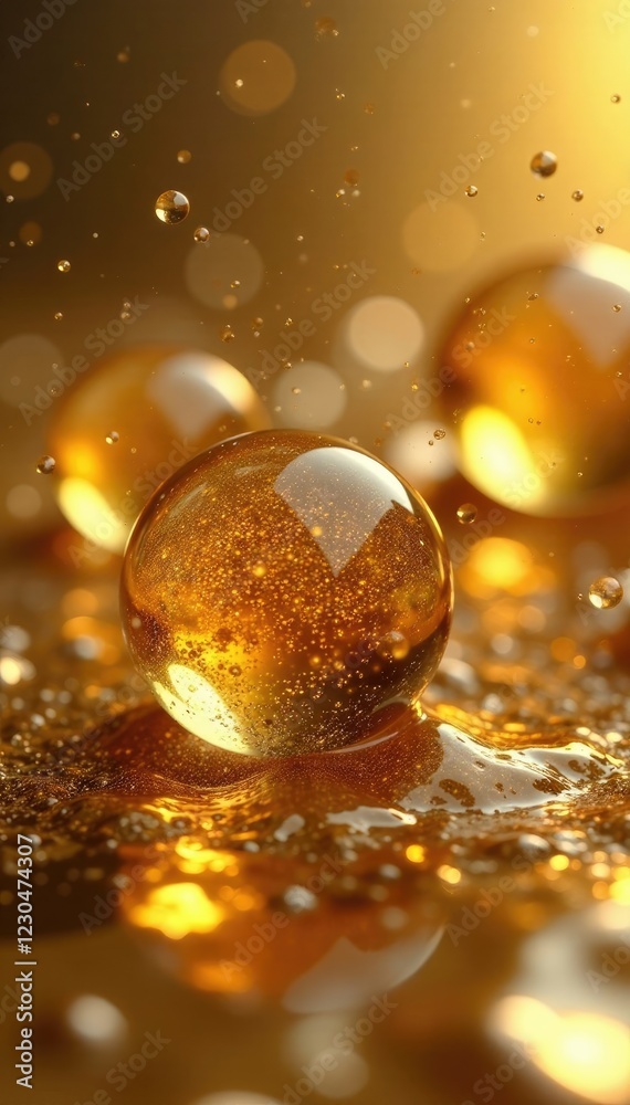 Spheres of liquid gold suspended in a sea of abstract background with air bubbles rising to the surface, wispy tendrils, optical effects, golden spheres Spheres of liquid gold suspended in a sea of abstract background with air bubbles rising to the surface, wispy tendrils, optical effects, golden spheres