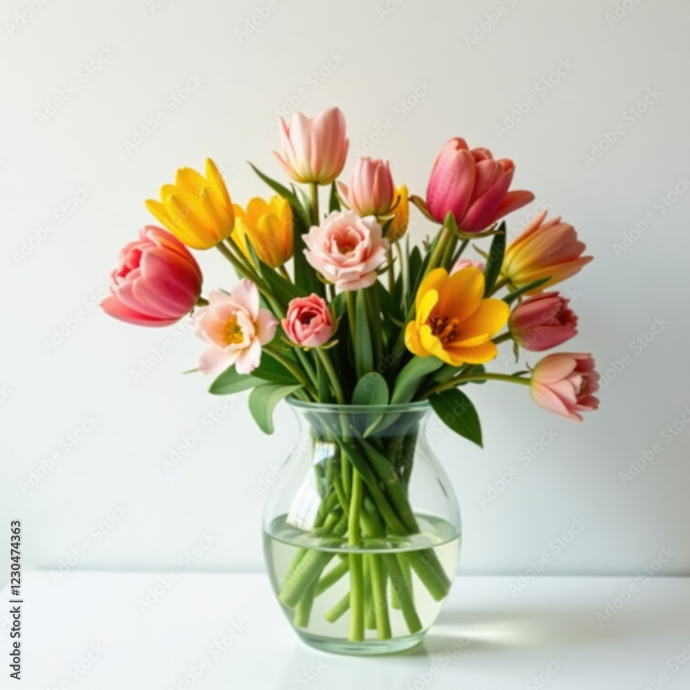 Spring flower arrangement in a clear glass vase against white backdrop, arrangement, nature, floral Spring flower arrangement in a clear glass vase against white backdrop, arrangement, nature, floral