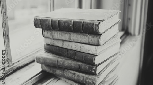 Stack of vintage books on windowsill.