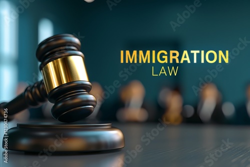 A symbolic gavel representing immigration law, set against a blurred background of a legal meeting. Citizenship and Immigration Law