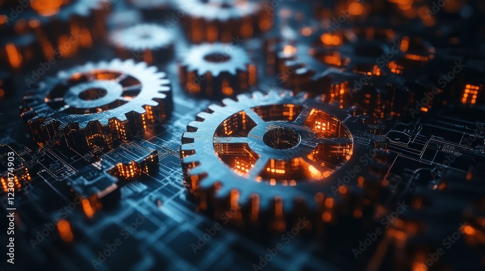 Glowing metallic gears on a circuit board. Glowing metallic gears on a circuit board.