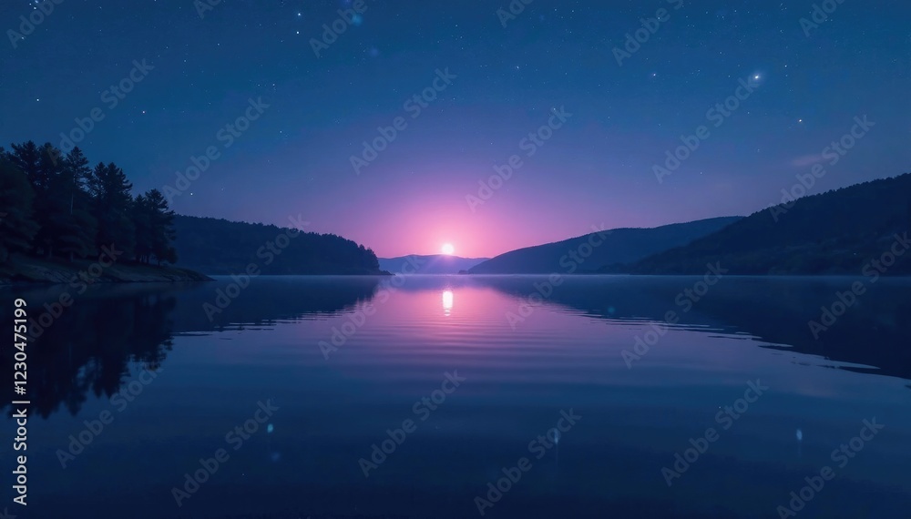 A calm lake at night with spotlight shining on the surface of the water, lakeside, tranquil scene, reflection A calm lake at night with spotlight shining on the surface of the water, lakeside, tranquil scene, reflection