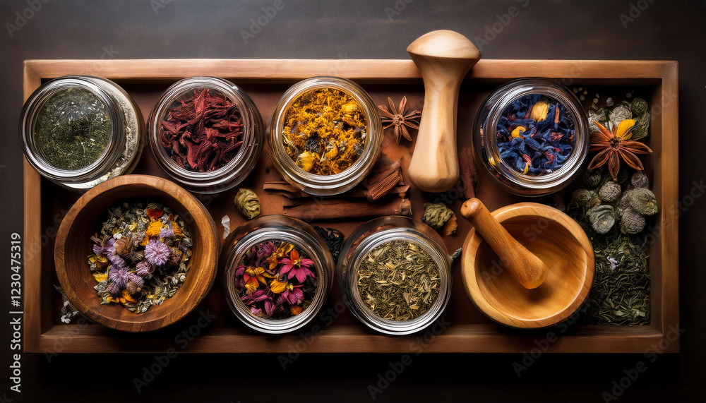Top view of collection of herbs, dried flowers, spices, tea leaves, and spices stored in glass jars, arranged with a rustic wooden pestle on a textured wooden surface Top view of collection of herbs, dried flowers, spices, tea leaves, and spices stored in glass jars, arranged with a rustic wooden pestle on a textured wooden surface