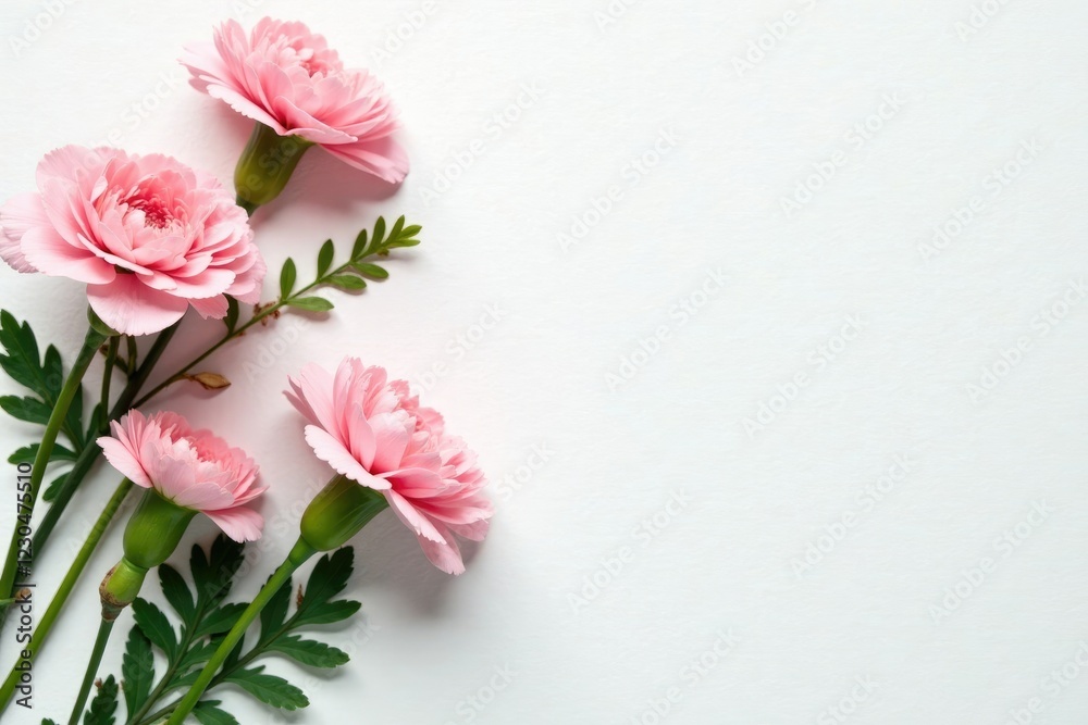 A flat lay of soft pink carnations with some greenery and fresh ferns on a white background, floral still life, greenery A flat lay of soft pink carnations with some greenery and fresh ferns on a white background, floral still life, greenery