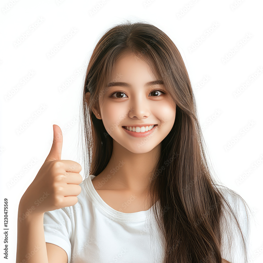 young chinese model woman with long hair smiles and gives thumbs up, expressing positivity and confidence. background is bright and neutral, enhancing her cheerful demeanor young chinese model woman with long hair smiles and gives thumbs up, expressing positivity and confidence. background is bright and neutral, enhancing her cheerful demeanor