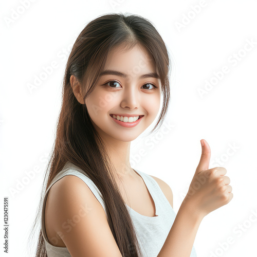 young asian woman with long hair smiles and gives thumbs up gesture, expressing positivity and confidence. background is bright and neutral, enhancing her cheerful personality on white background 