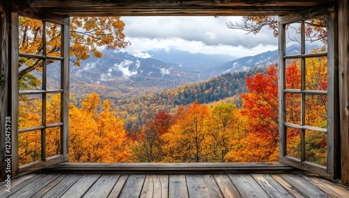 Autumnal Mountain Vista Through Rustic Window